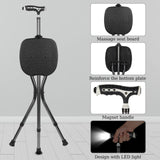 Hold 440 lbs Cane with Seat Combo Aluminum Alloy Portable LED Folding Walking Stick Chair Height Adjustable Heavy Duty Thick Stool Handy Unisex for Elderly Senior Light
