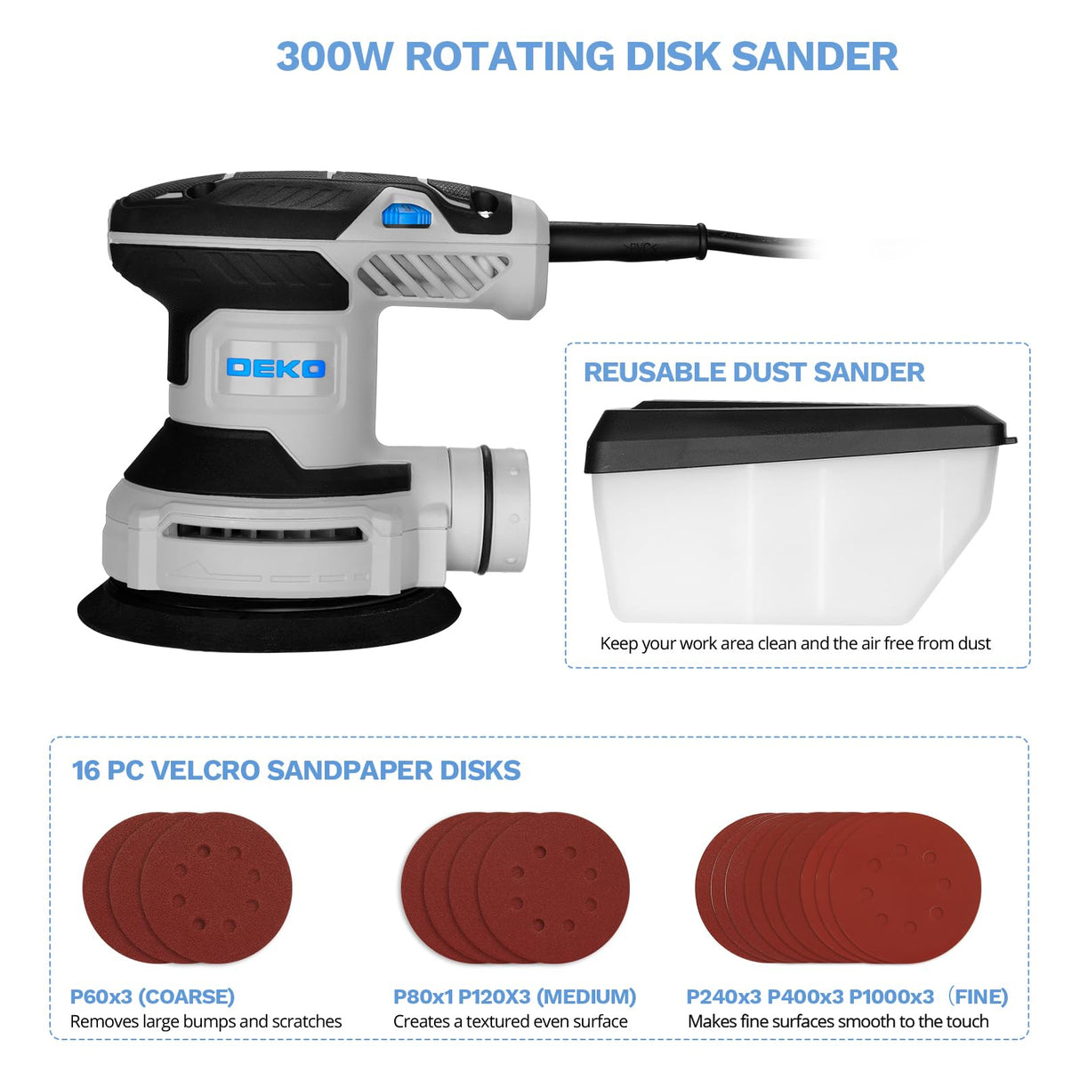 Orbital Sander Corded Hand Sander: DEKOPRO 5" Random Orbital Sander with Dust Box, 6 Various Speeds Electric Palm Sander with Dust Box, 16Pcs Sandpapers for Woodworking & Sanding (Blue)
