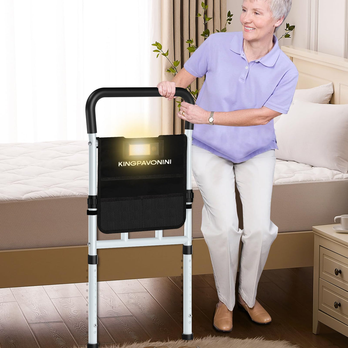 KingPavonini Bed Rails for Elderly Adults Safety, with Motion Light & Storage Pouch, FSA/HSA Eligible 400LBS Robust Bed Assist Rail with Support Legs for Seniors & Surgical Patients,Tool-Free Assembly