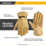 Wells Lamont Leather Work Gloves for Men – Heavy Duty, Cowhide, Abrasion & Puncture Resistant – Adjustable Wrist, Gunn Cut Design, Ideal for Ranching, Farming, Construction - Timber - L