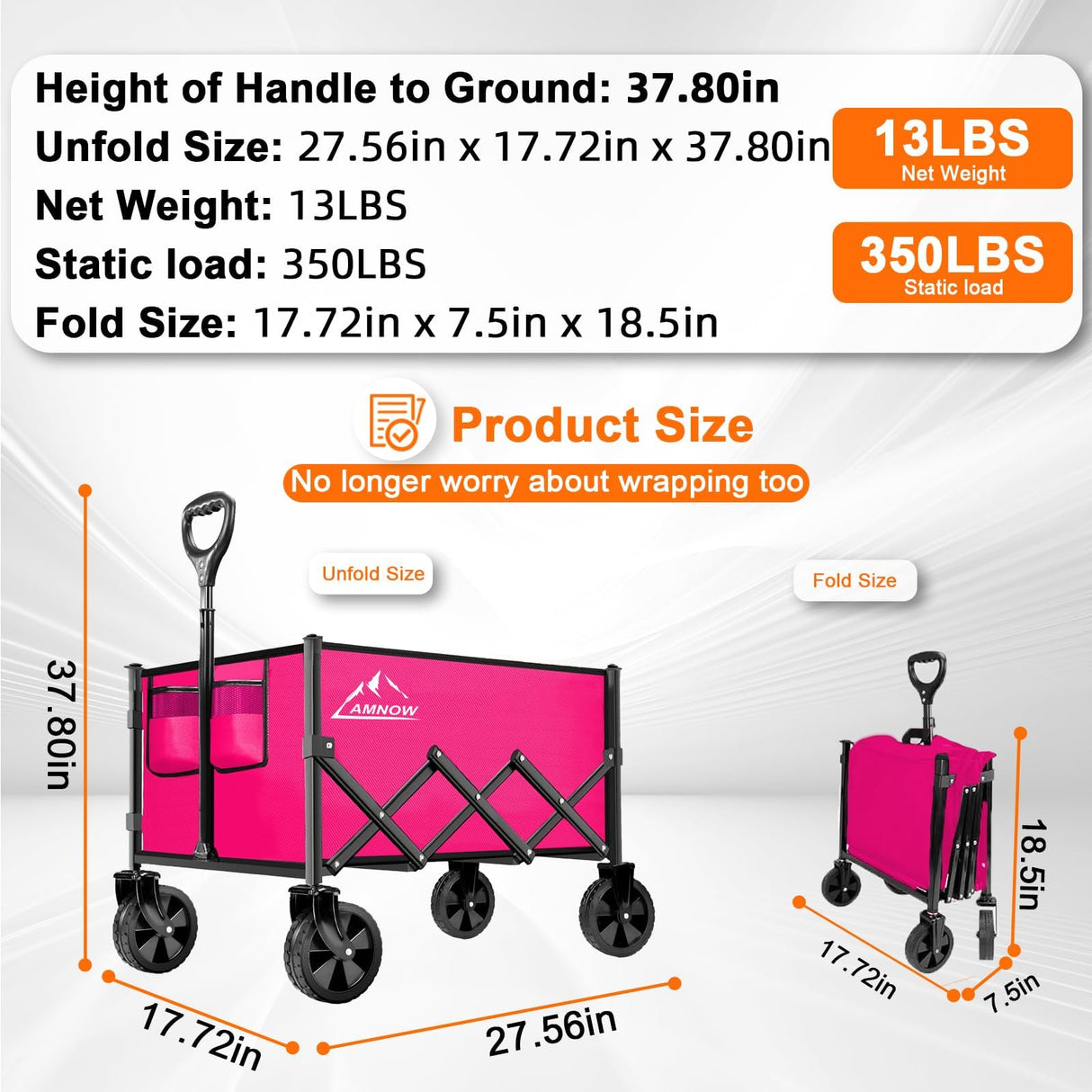 AMNOW 100L Collapsible Wagon Cart with All Terrain Wheels, 350LBS, Rose