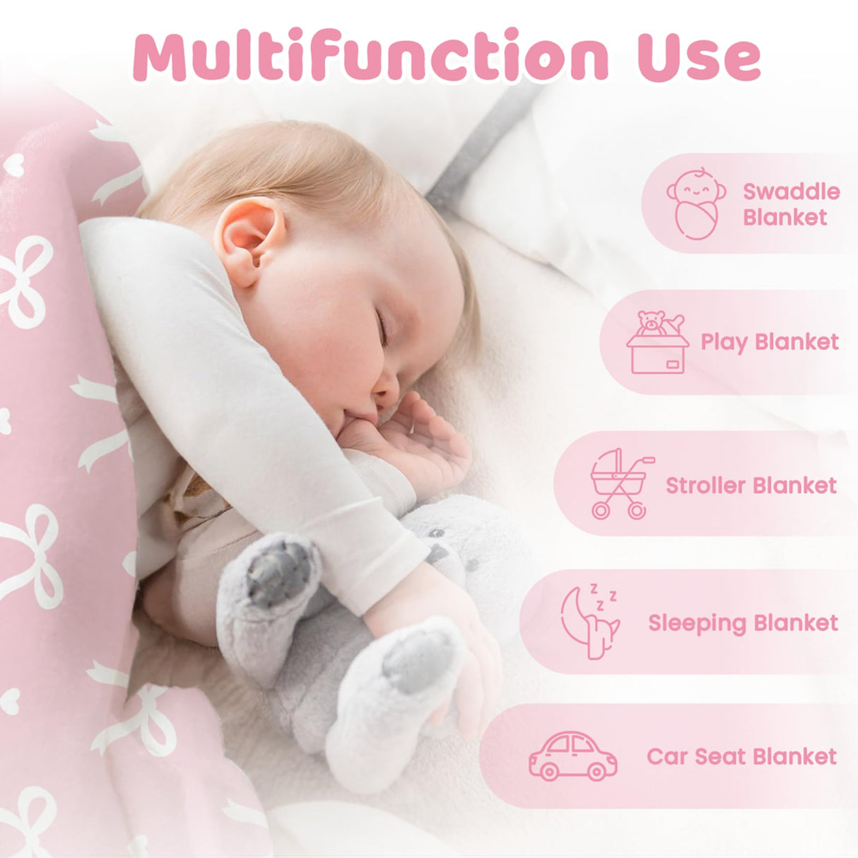 Bow Minky Baby Blanket 30 x 40 Inches for Girls, Soft Plush Receiving Blanket with Dotted Back, Gift for Toddler Newborn Infant Christmas Birthday Baby Shower