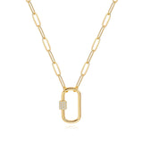 Aobei Pearl 18K Gold Paperclip Chain Necklace Fashion CZ Pave Oval Screw Lock Carabiner Clasp Pendant Necklace Geometric Link Chain Layering Jewelry for Women