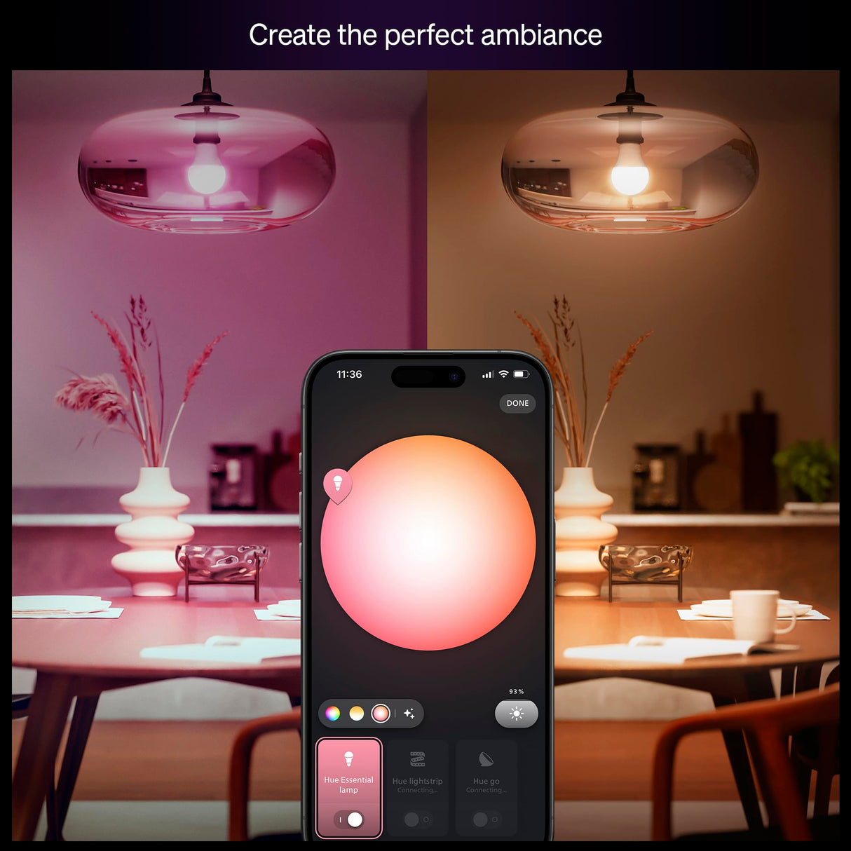 Philips Hue Essential Smart LED A19 Bulb 4-Pack, White and Color Ambiance, E26, 7.2W, 2200K-6500K, 800 Lumens, Dimmable LED Bulbs, Works with Alexa, Google Assistant, Apple Home