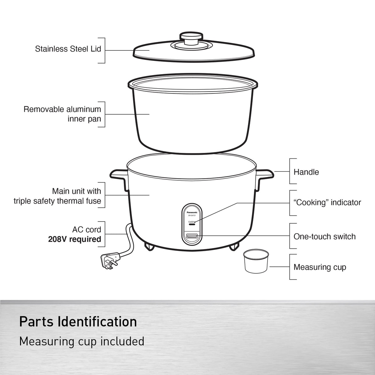 Panasonic Commercial Electric Rice Cooker, 208V Extra-Large Capacity 80-Cup (Cooked), 40-Cup (Uncooked) with One-Touch Operation - SR-GA721L - Silver