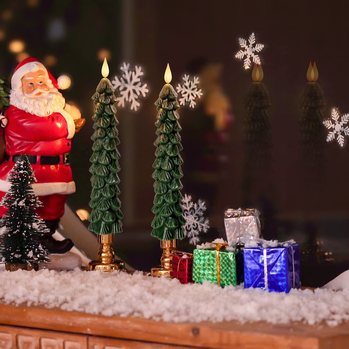 Homemory 3 PCS Flameless Taper Candles with 6-Hours Timer, 9.5 Inches Christmas Tree Candlesticks, Real Wax Battery Operated Window Candles with 3D Flickering Flame for Fireplace Christmas