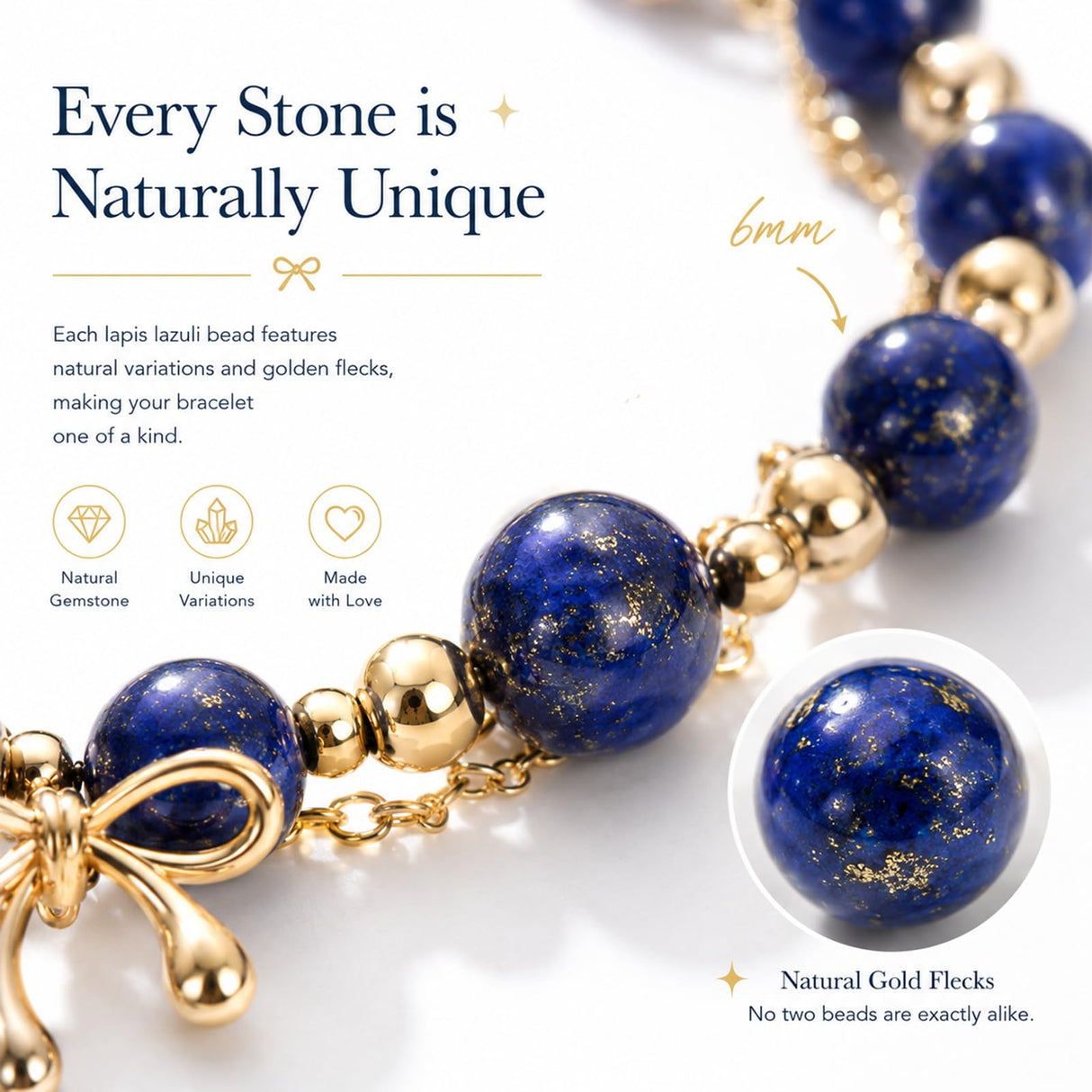 Handmade Lapis Lazuli Bracelet Natural Gemstone 14K Gold-Plated Chain Bow