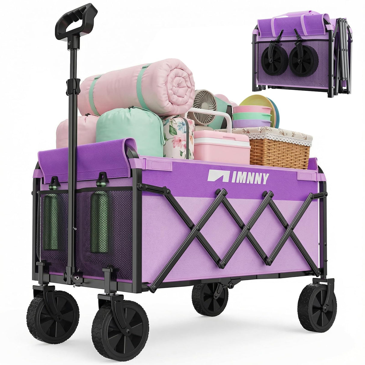 Aimnny Purple Small Collapsible Wagon Cart, Lightweight Folding Utility Cart with Wheels, 220lbs Capacity Portable Grocery Cart for Sporting Events, Garden, Shopping (Purple)