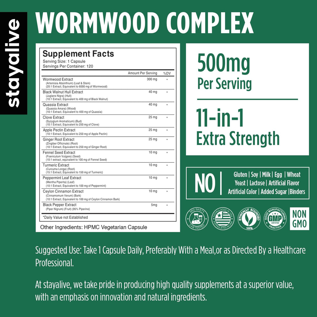 STAY ALIVE Wormwood Black Walnut Clove Cleanse Extract, 11-in-1 Extra Strength Complex, 120 Pills, Herbal Supplement for Adults, Vegan, Non-GMO & Gluten Free Sweet Wormwood Capsules