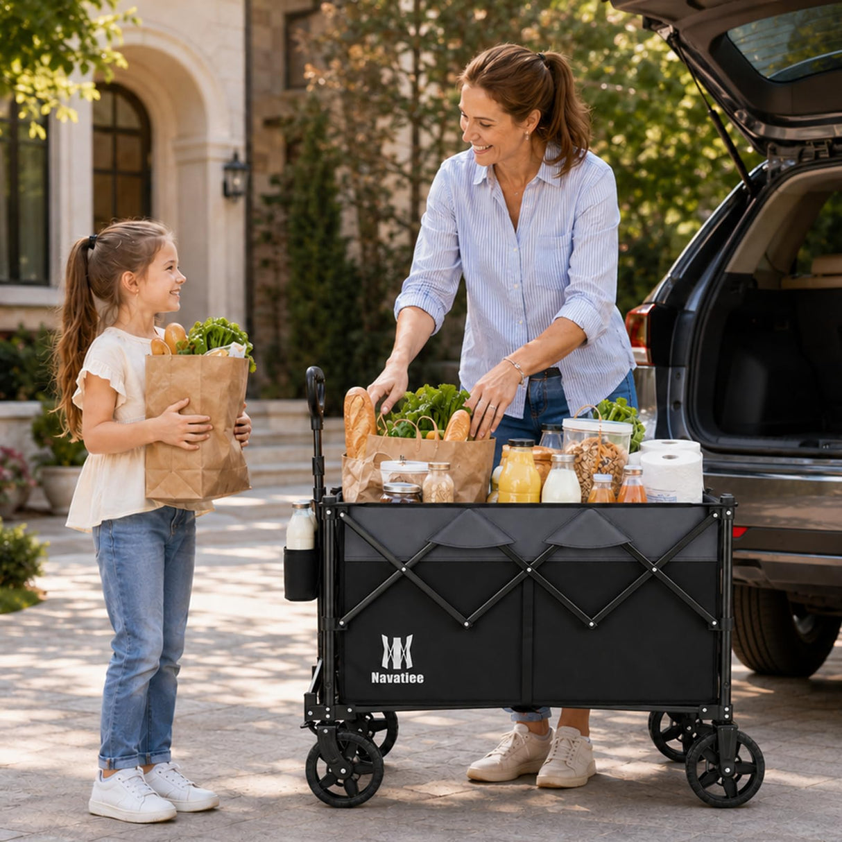 Navatiee 165L Collapsible Folding Wagon, Large Foldable Wagon with Silent All-Terrain Wheels, 330Lbs Heavy Duty Utility Grocery Cart for Camping Shopping Outdoor, Black
