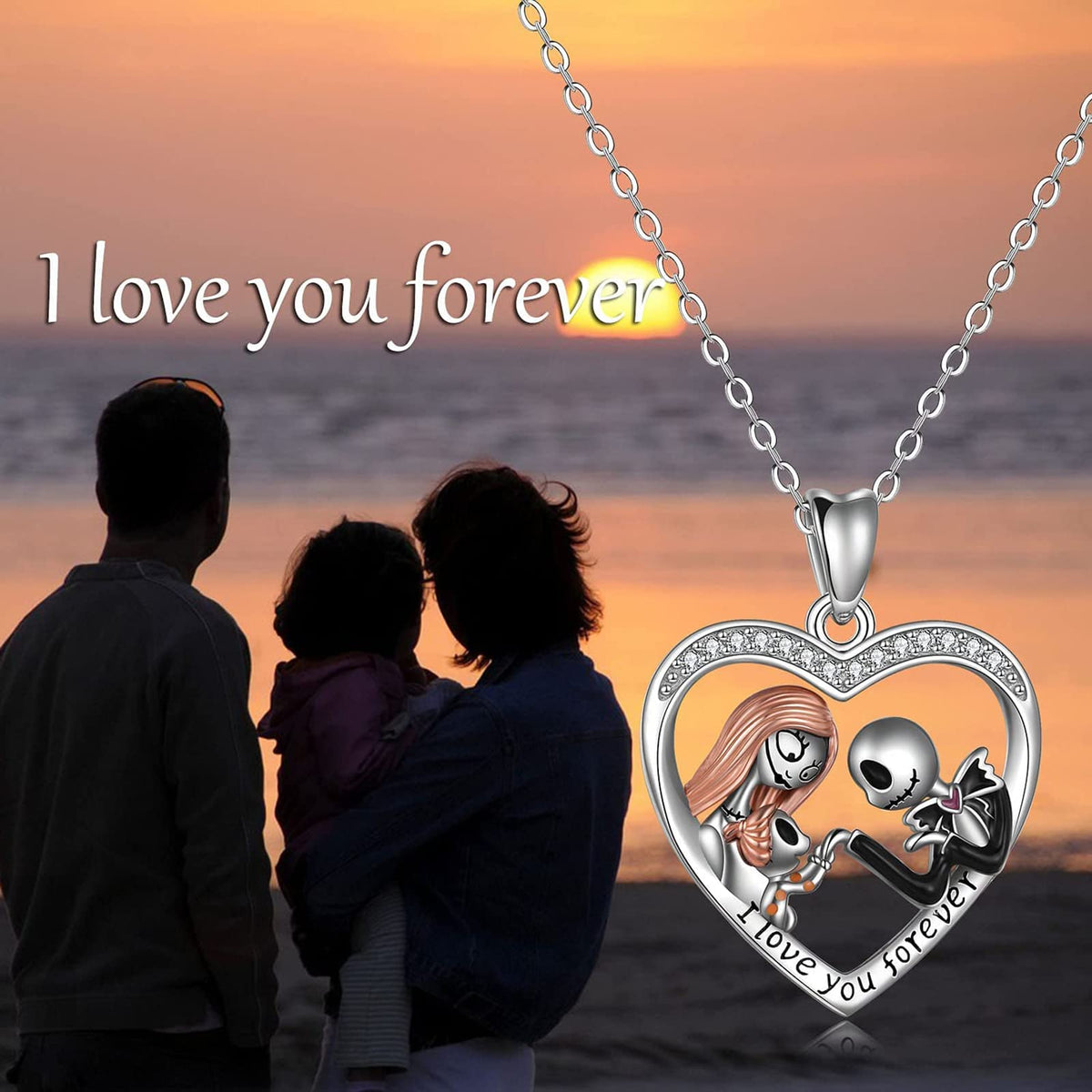 Aoyosic Nightmare Necklace Gifts Sterling Silver Jack Infinity Heart Family Pendant I Love You Forever Skull Jewelry Birthday Gifts for Women Gothic Jewelry Christmas Birthday Gifts