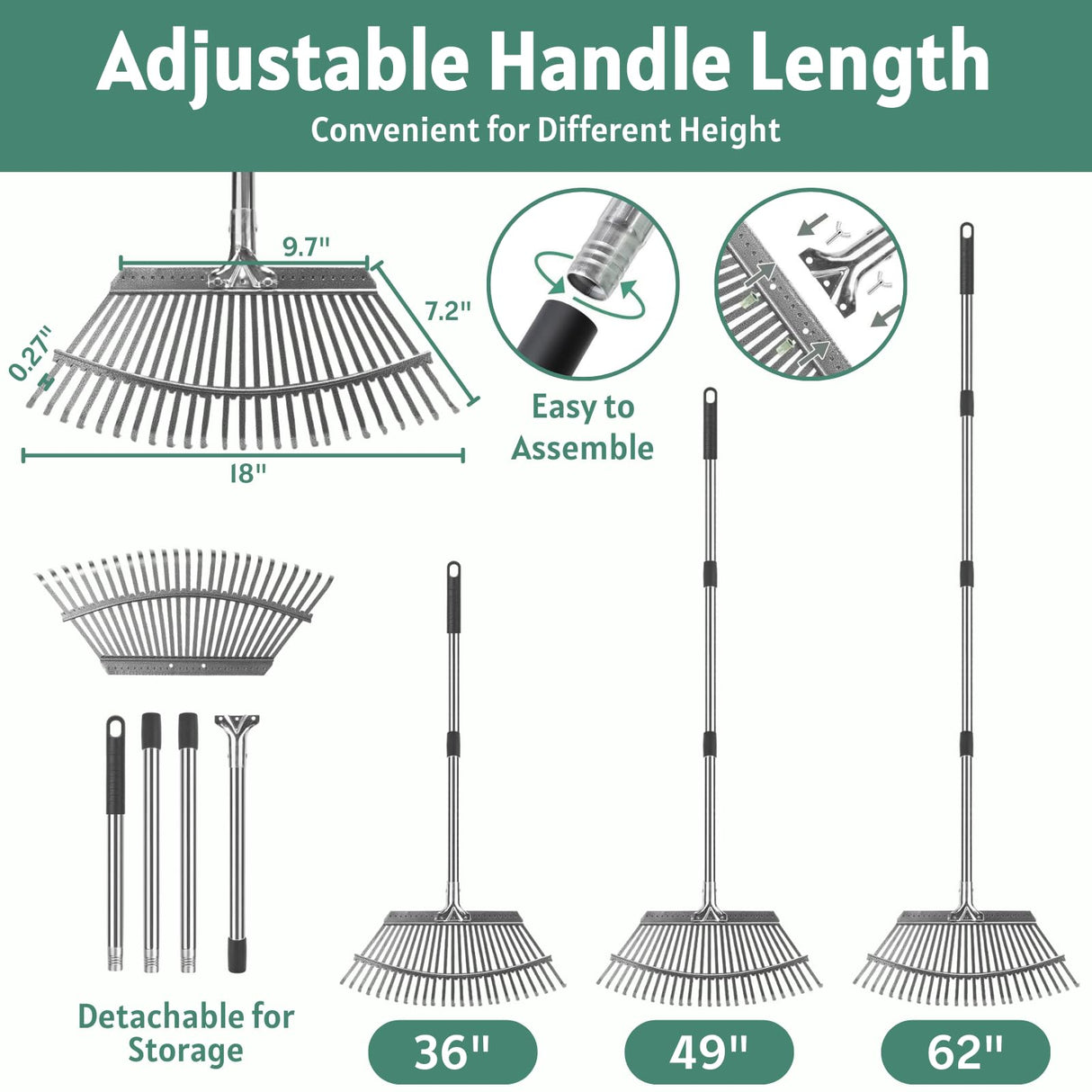 Jesosia Garden Rake for Leaves with Leaf Bag & Gloves - 65 Inch Adjustable 25 Tines Metal Rake Set with 72 Gallon Reusable Yard Waste Bags for Gardening Lawns Outdoor Camping Shrub Grass Bush