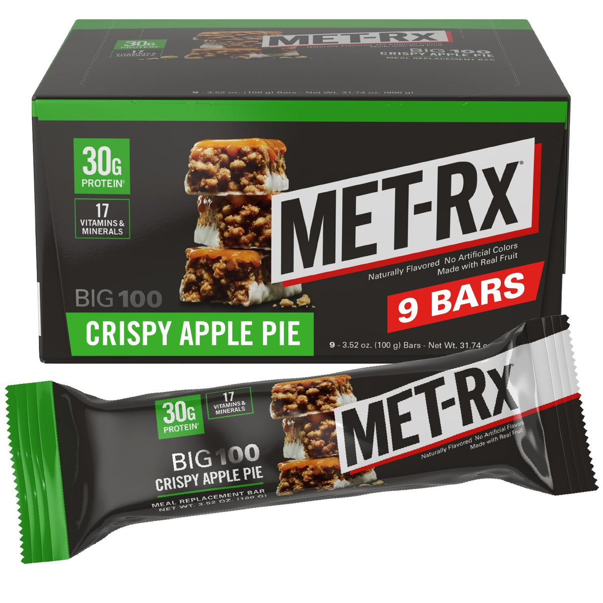 MET-Rx Big 100 Colossal Protein Bars, Crispy Apple Pie Meal Replacement Bars, 9 Count