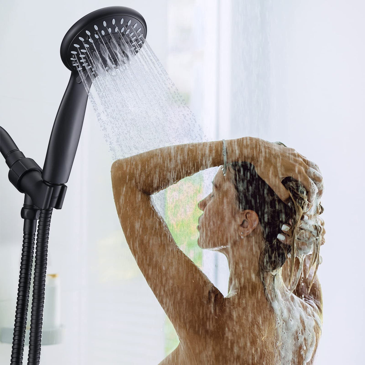 Shower Head with Handheld, Briout 5-Settings Showerhead High Pressure Powerful Water Spray Shower Head with Stainless Steel Hose and Adjustable Mount, Matte Black