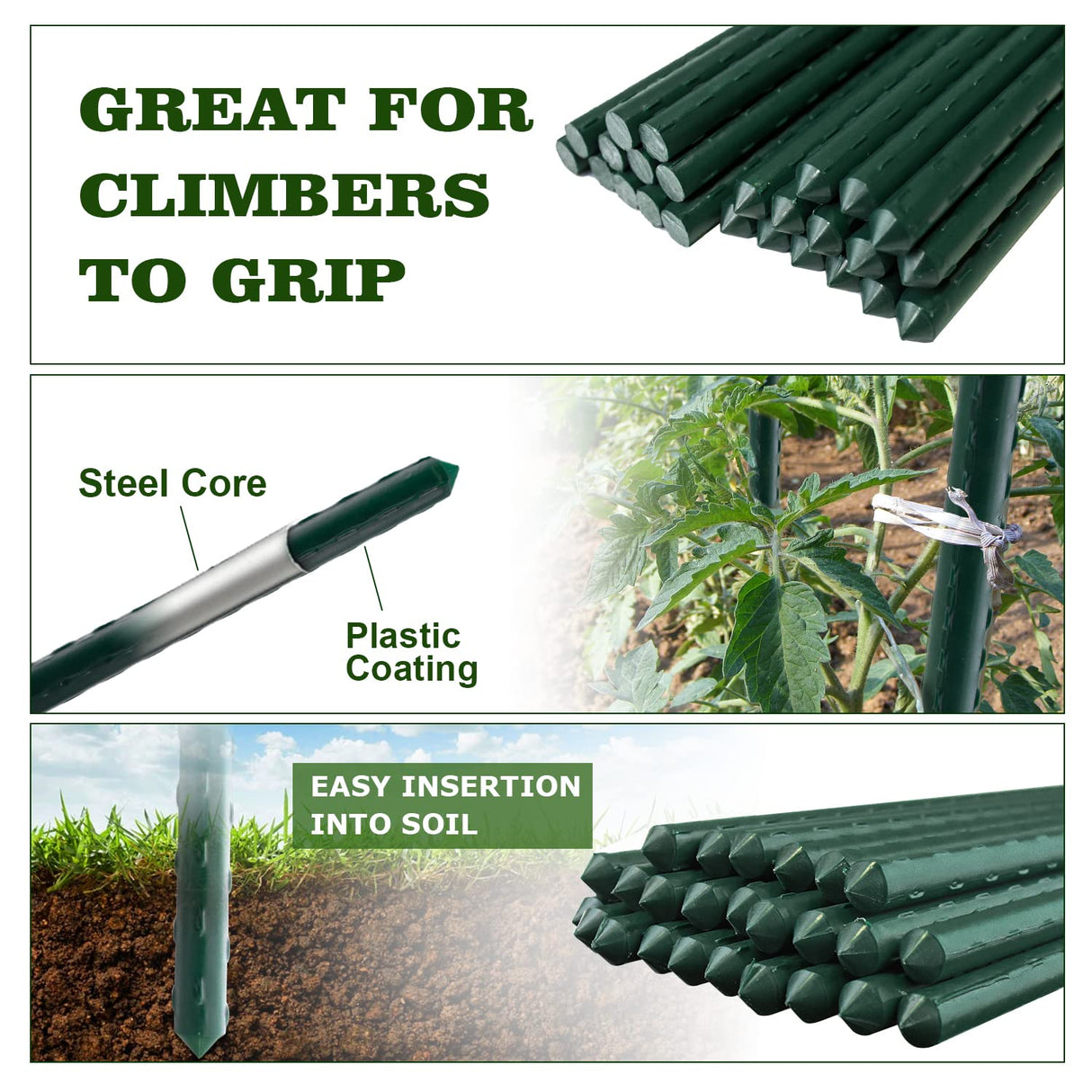 Jollybower 25pcs Steel Plant Stakes 4.8 Feet,Sturdy Plant Sticks, Plastic Coated Metal Garden Stakes Supports Climbing for Tomato, Bean, Flowers, Tree Potted