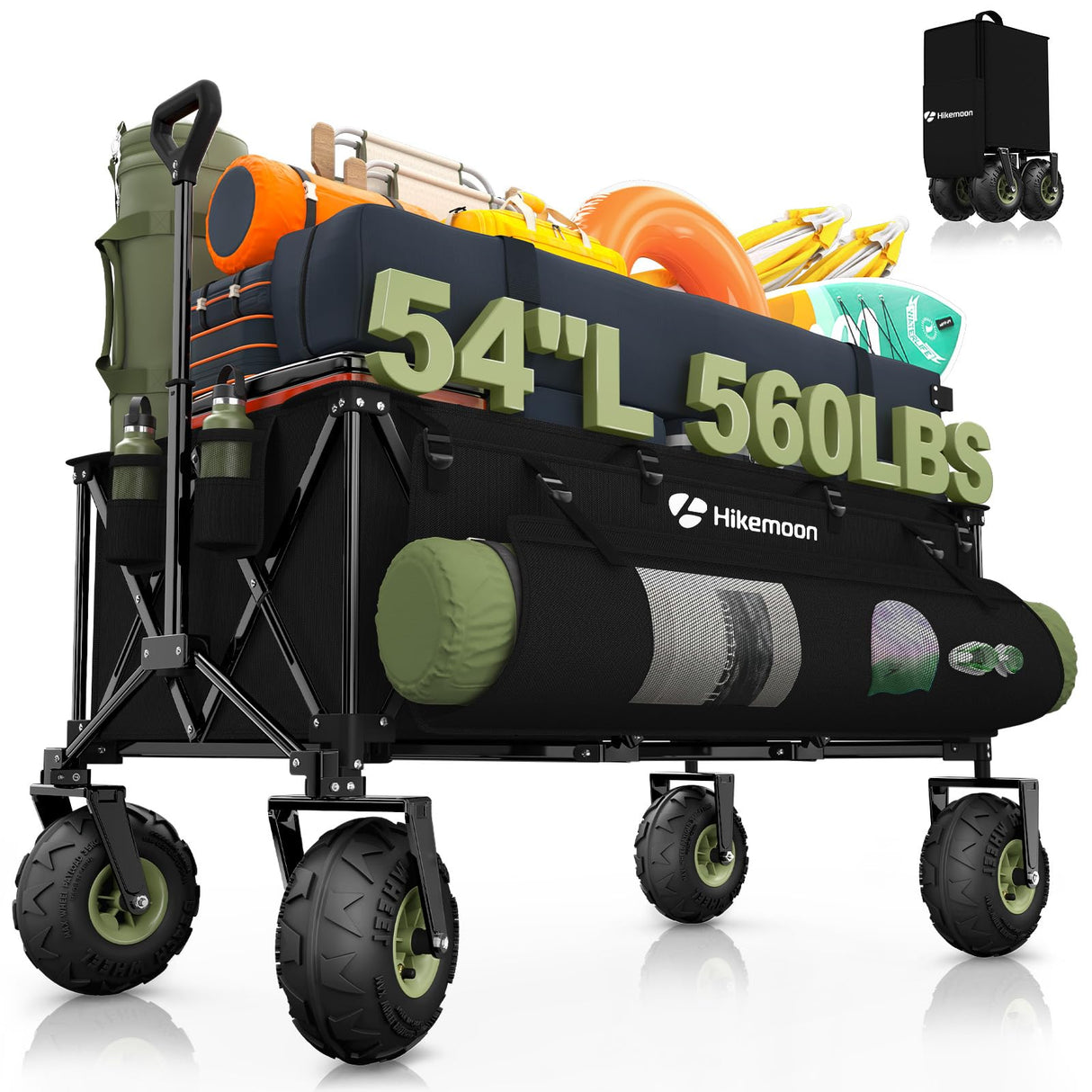 HIKEMOON 400L Large Beach Collapsible Wagon with Balloon Wheels, Black