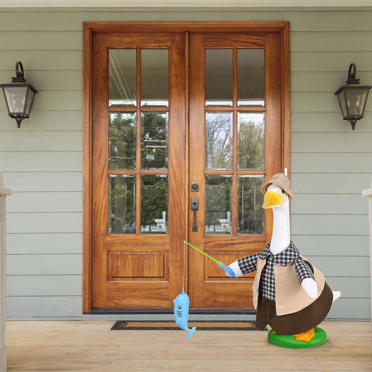 JcHrmers Fishing Porch Goose Outfits Fisherman Lawn Goose Clothes Fit 23" High Cement or Plastic Goose Statue for Outdoor Garden Yard Patio Decor