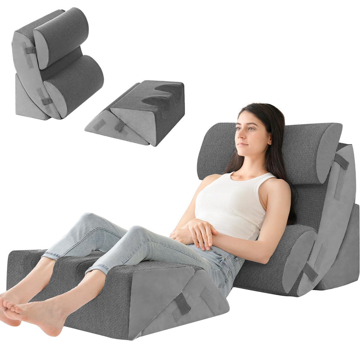 Hansleep 6PCS Orthopedic Bed Wedge Pillow for Sleeping, Adjustable Post Surgery Pillow Set for Body, Back and Leg Pain Relief, Memory Foam Support Pillows for After Surgery, Grey