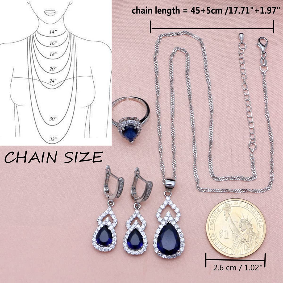 LMXXVJ Women Jewelry Set Platinum Plated Necklace Open Ring Earrings Bracelet Set,Birthday/Anniversary Mother’s Day Jewelry Gifts for Mom/Wife/Sister/Best Friend (blue, Adjustable)