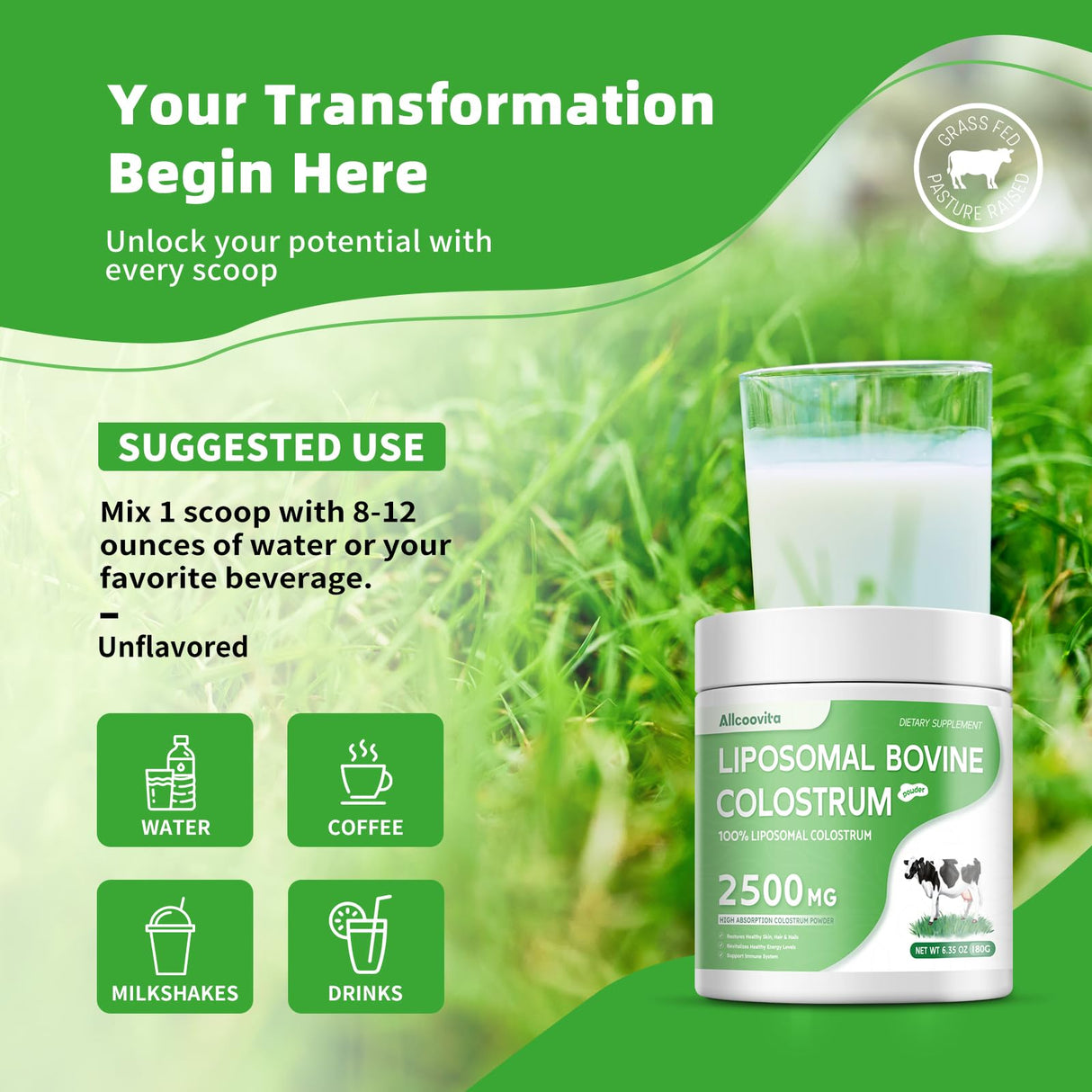 Liposomal Bovine Colostrum Powder - Pure Bovine Colostrum for Humans - Grass Fed Colostrum Supplement for Gut Support, Immune Health and Hair Growth,72 Servings per Bottle.180g/6.35 oz