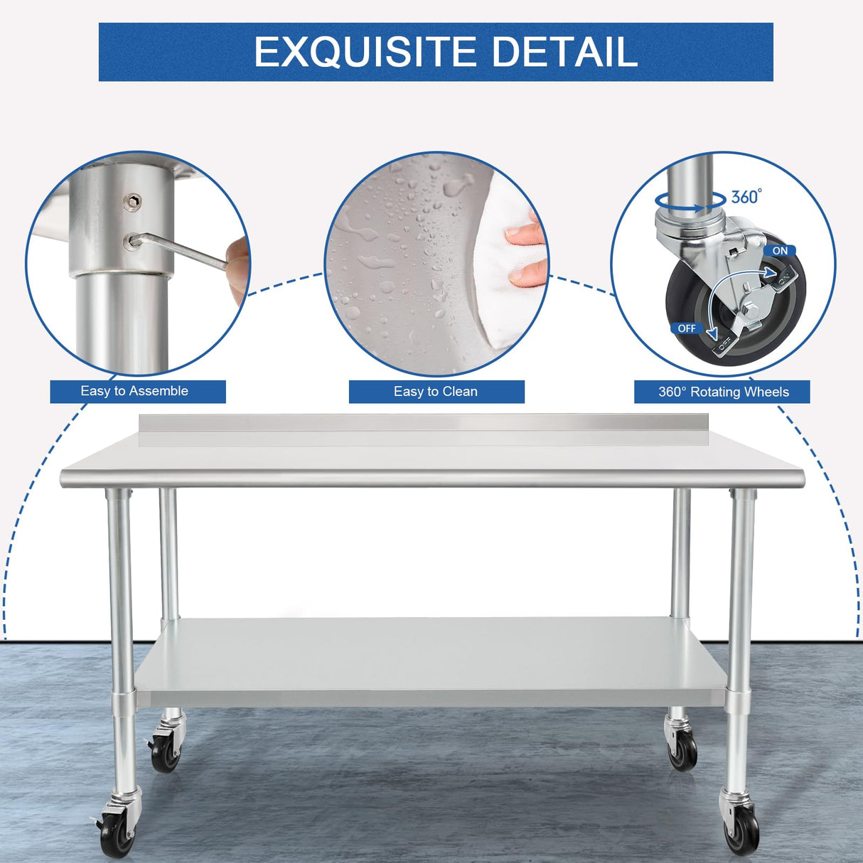 HARDURA Stainless Steel Table 24 x 72 Inches with Wheels Casters NSF Heavy Duty Commercial Prep Table with 2” Backsplash and Adjustable Undershelf for Restaurant Kitchen Home and Hotel