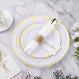 BESTVIP 175PCS Gold Plastic Dinnerware Set, Disposable Party Plates for 25 Guests, Include: 50 Plastic Plates, 25 Pre Rolled Napkins with Gold Silverware, 25 Cups for Christmas, Halloween