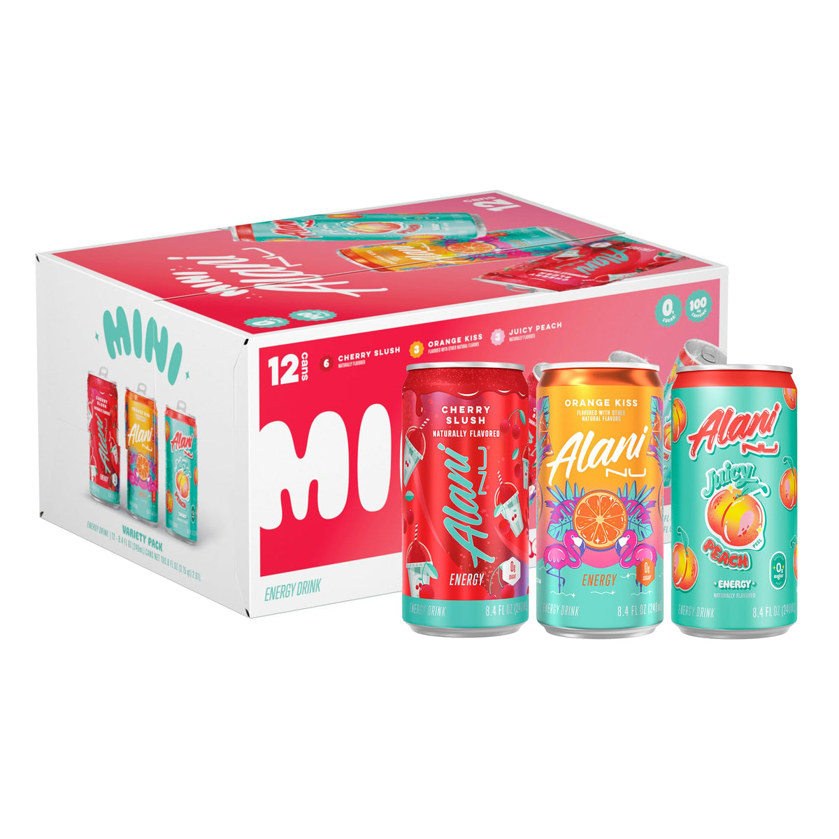 Alani Nu VARIETY PACK (CHERRY SLUSH, JUICY PEACH, ORANGE KISS), Low Calorie Energy Drinks, 100mg Caffeine, Biotin, B Vitamins, Zero Sugar, 10 Calories or Less, 8 Fl Oz Cans, 12 Pack