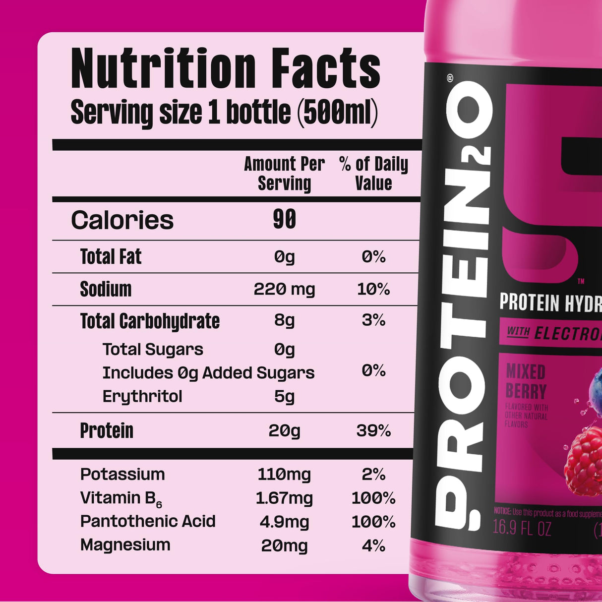 Protein2o Hydration Drink - 2-in-1 Liquid Clear Whey Protein Isolate and Electrolyte Drink - 20g Protein, Vitamins B5, B6 - Post-Workout Recovery - 16.9 Fl Oz - 12 Count Mixed Berry