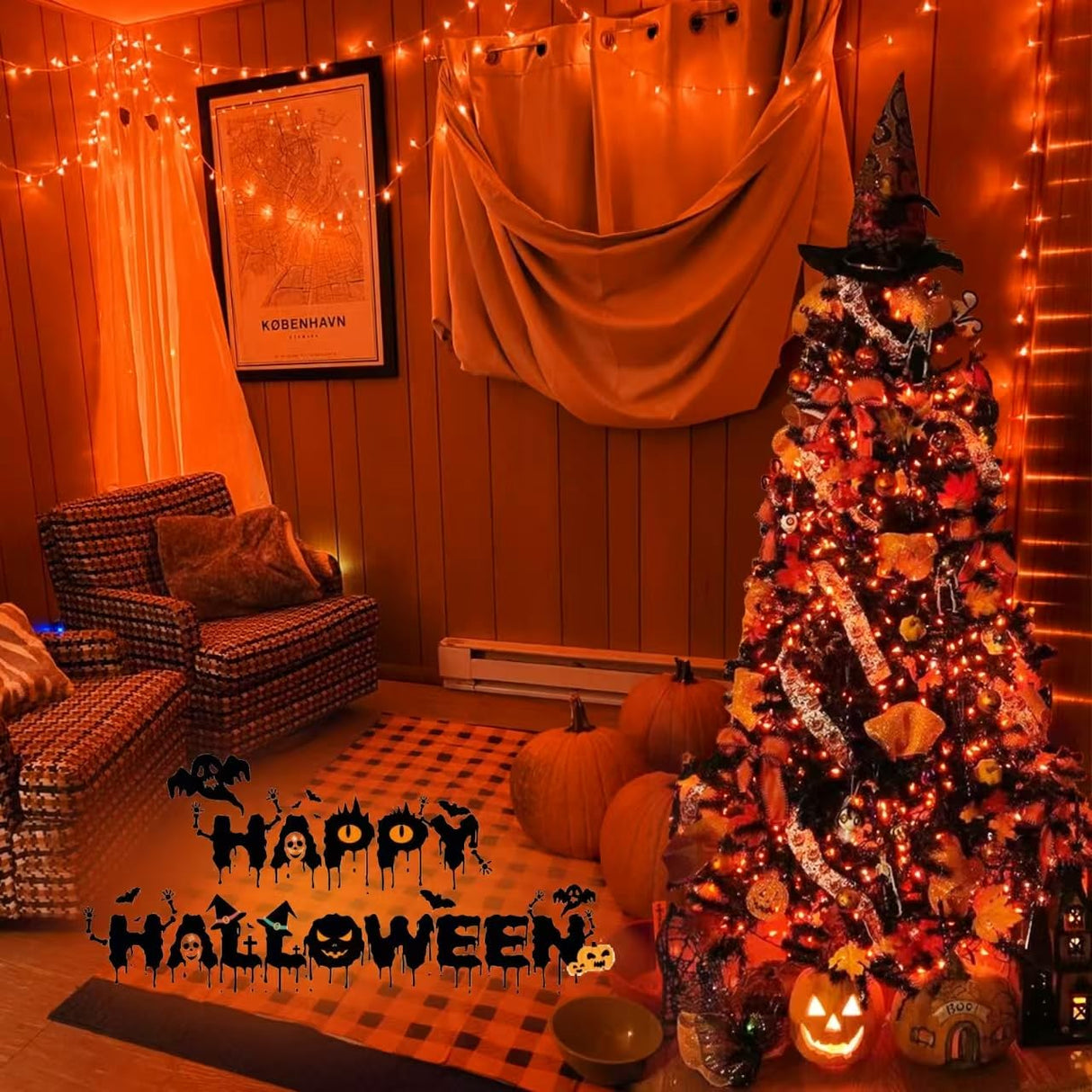 YEGUO 165ft 500 LED Halloween Lights Outdoor Waterproof, 8 Modes Orange String Lights Plug in, Green Wire Christmas Lights Indoor with Timer Memory