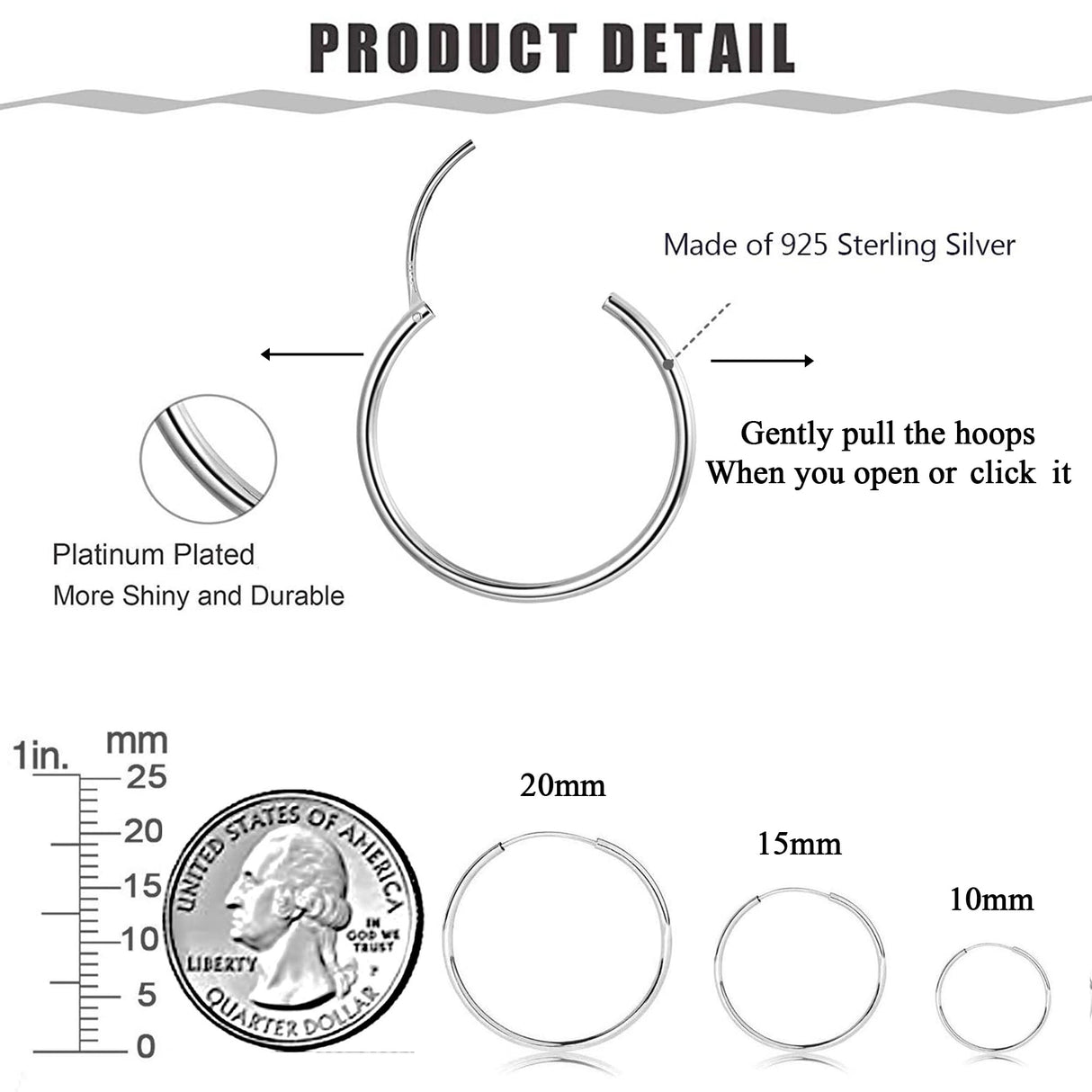 Sllaiss 3 Pairs 925 Sterling Silver Small Hoop Earrings For Women Men Round Endless Hoop Earrings Set Lightweight 10MM 15MM 20MM (Set 1：10MM 15MM 20MM)
