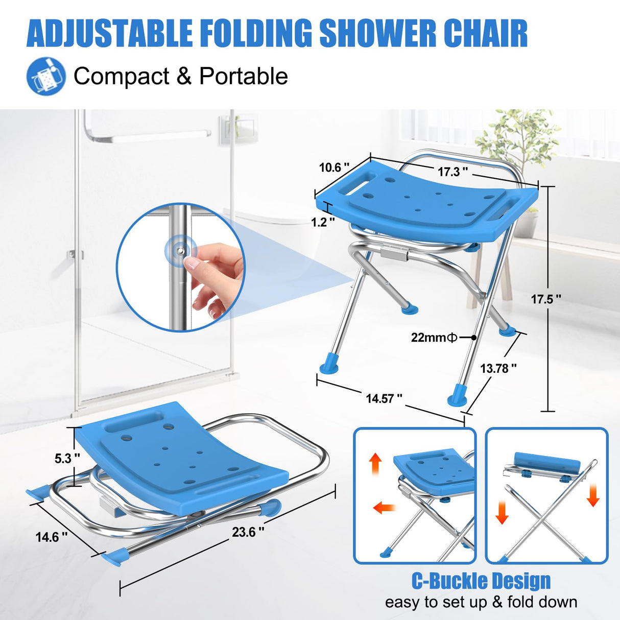 UGarden Folding Shower Chair Seat, 17.5" Stainless Steel Small Shower Chair for Inside Shower, 400lbs Portable Travel Shower Stool, Safety Anti-Slip Bath Chair for Seniors, Disabled, Blue