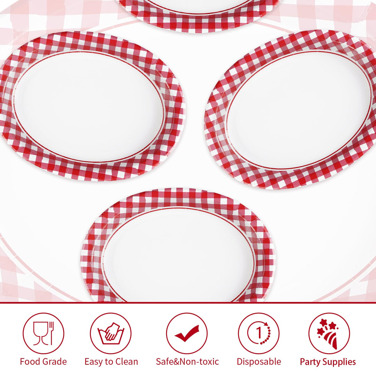 50Pcs Gingham Oval Paper Plates 10" x 12" Large Disposable Heavy Duty Christmas Red and White Buffalo Checked Plaid Paper Dessert Platter Plate for Wedding Holiday Winter Xmas Birthday Party Supplies