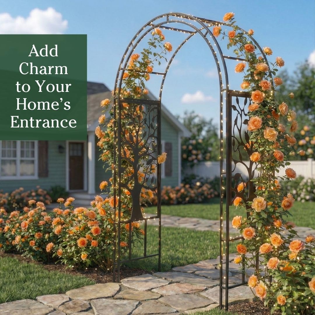 Plow & Hearth Metal Garden Arch Trellis Arbor Tree of Life Panels, 7 feet Freestanding Outdoor Arch Trellis for Climbing Plants, Pathway Entry and Wedding Garden Decor