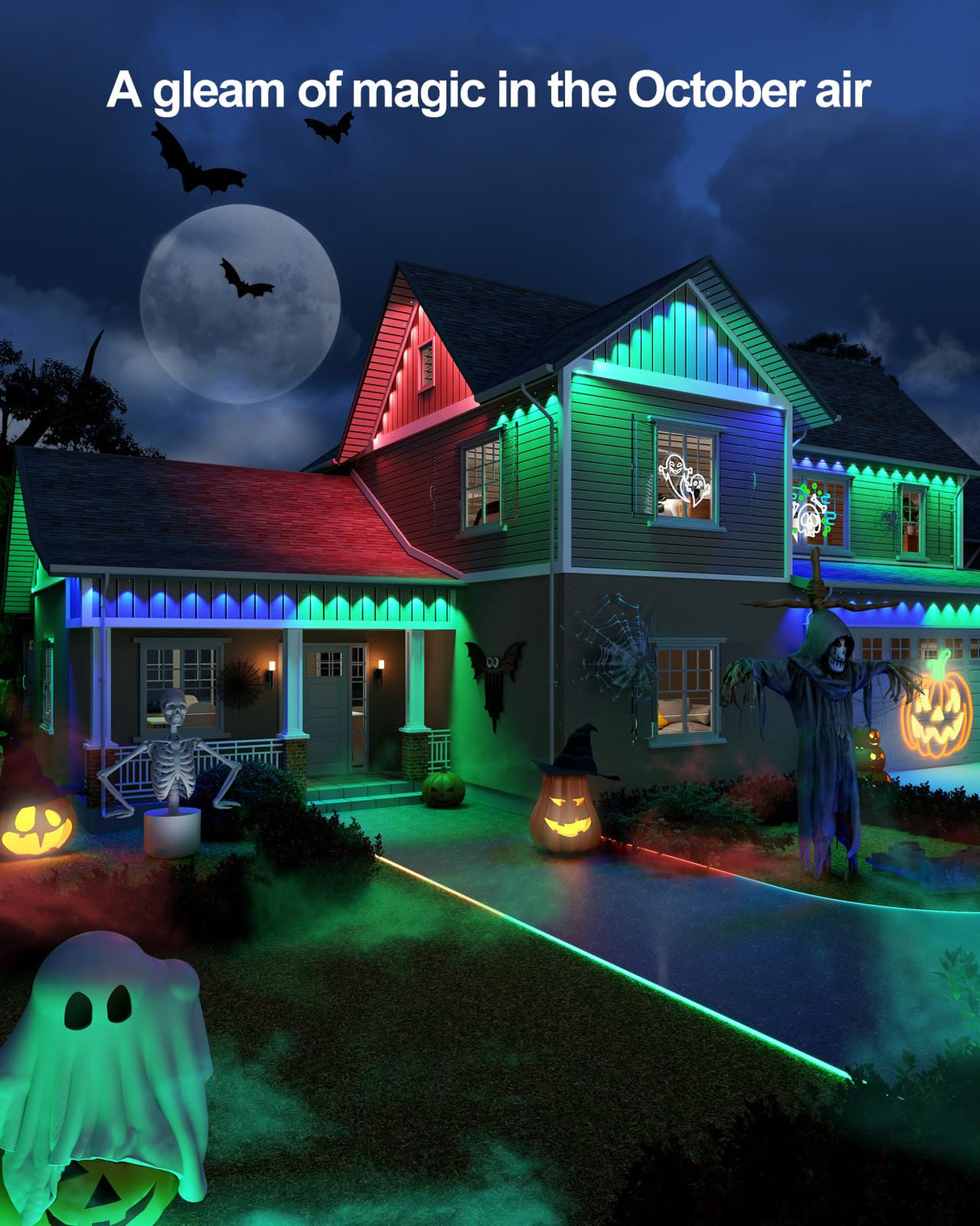 ASAHOM AI Permanent Outdoor Lights S107B, 100FT with 72 RGBCW LED Lights and Dual Output, 30,000 Lighting Effect Combination, IP67 Waterproof for House Halloween Christmas and Daily Decoration, White