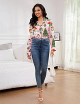 SHESHOW Satin Christmas Pjs Women Button Down 2 Piece Funny Graphic Santa Pink Christmas Pajamas for Women M