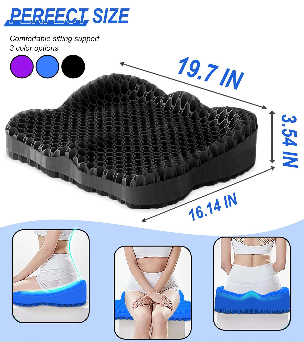 Airllantry Thicken 19.7in Seat Cushion, Gel Seat Cushion for Long Sitting–Office Chair, Wheelchair, Car Cushion, Large Cooling Pad for Back Pain, Sciatica, Tailbone Pain Relief