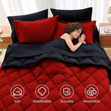 MUXHOMO Queen Comforter Set 7 Pieces, Reversible Bed in a Bag, Red/Black