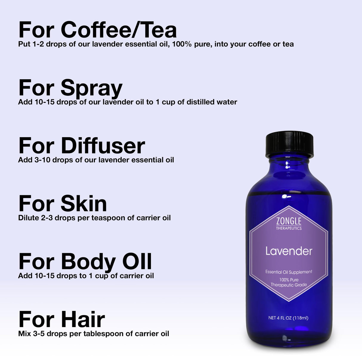 Lavender Essential Oil, Food Grade, for Drinks, Skin, Hair – 100% Pure, Lavender Oil, by Zongle Therapeutics, 4 OZ