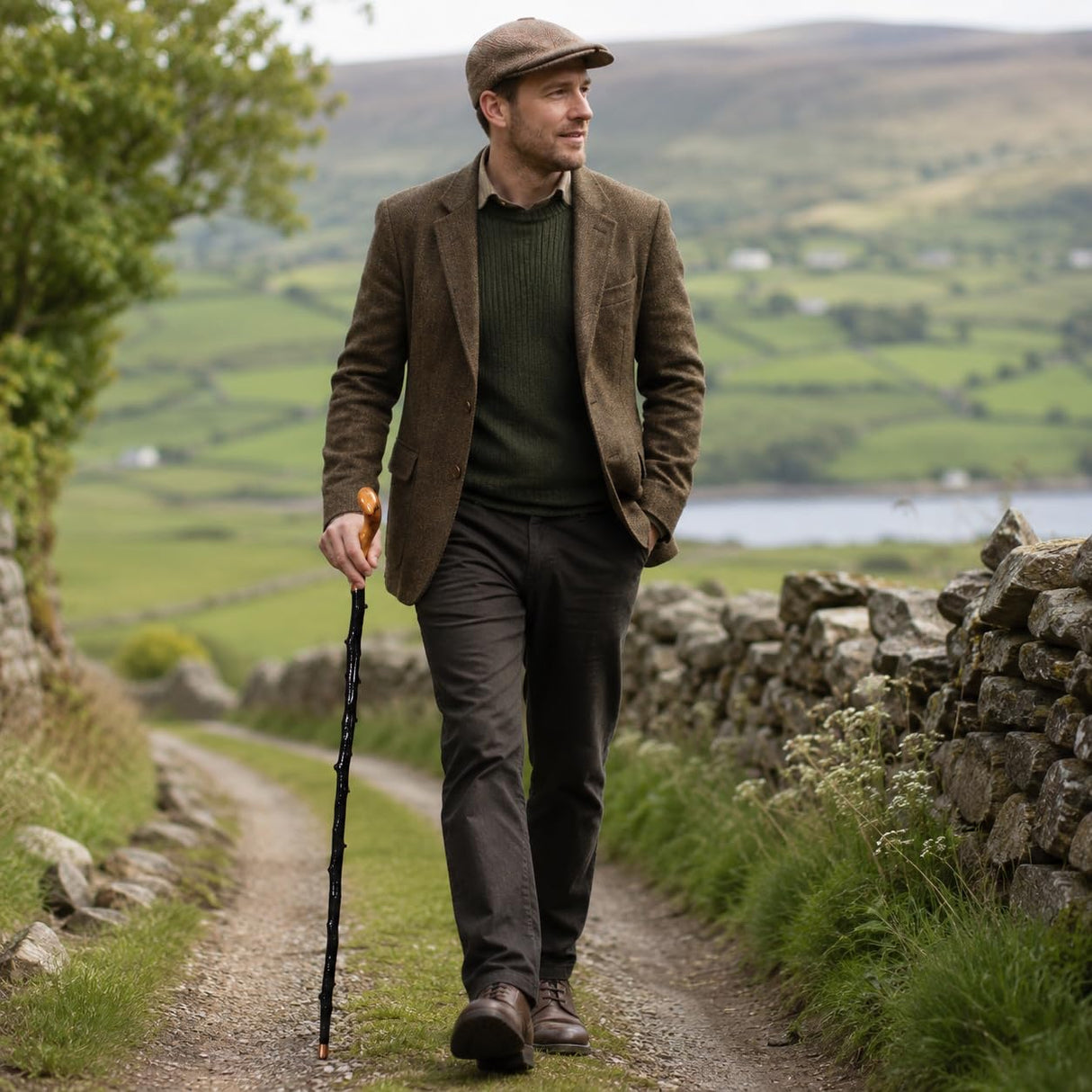 Imported Shillelagh Wooden Irish Walking Stick, Handcrafted 100% Blackthorn Lightweight Wood Cane, Handles All Unique, Black High Gloss Lacquered, Made in Ireland 36"