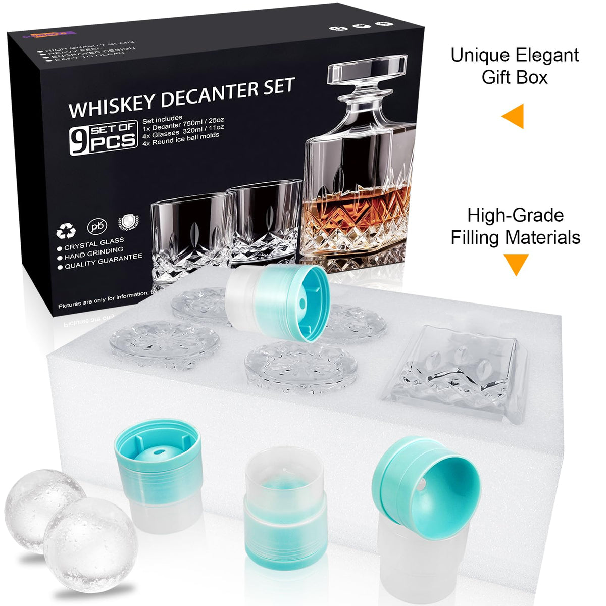 Whiskey Decanter Set for Men, 4*Crystal Whiskey Glasses(Get 4 Silicone Ice Mold Free), Lead-Free Decanter Set for Whiskey, Bourbon, Scotch, Anniversary Christmas Gifts for Dad, Husband, Whiskey Lovers