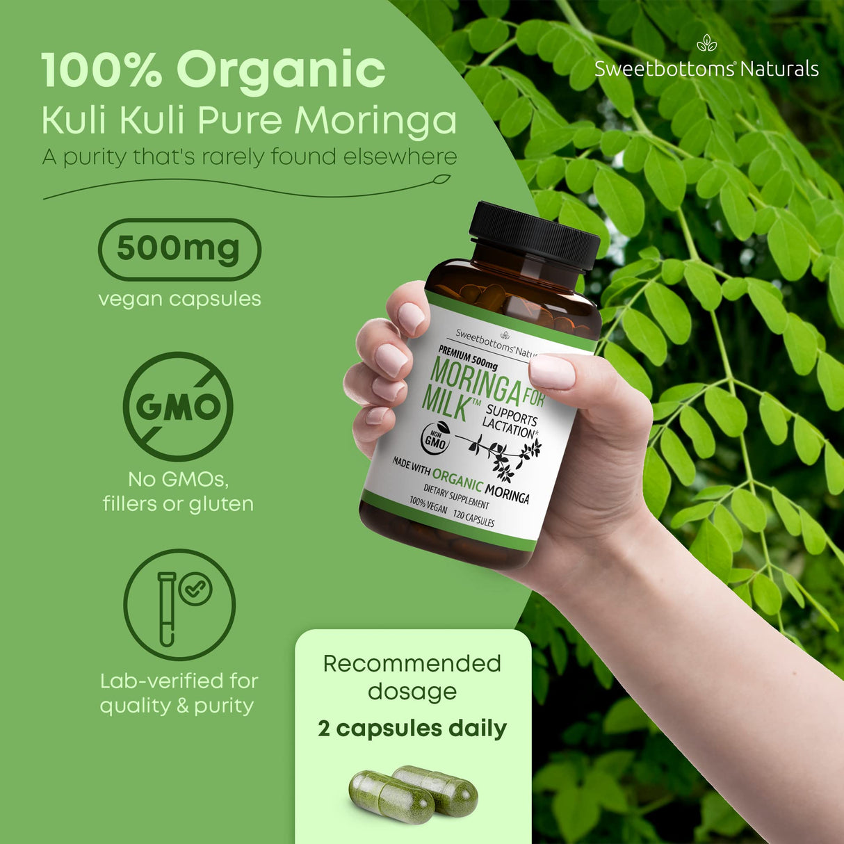 Lactation Supplement - Organic Moringa Capsules for Breastfeeding Support to Increase Breastmilk Supply (120 ct) Pure Malunggay Leaf Powder for Milk Production Booster & Postnatal Vitamins A E K 500mg