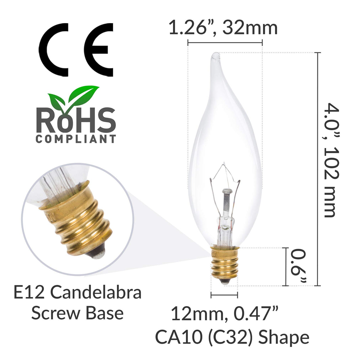 Simba Lighting Candelabra Flame Tip Clear CA10 40W E12 Base 120V, 12 Pack