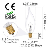 Simba Lighting Candelabra Flame Tip Clear CA10 40W E12 Base 120V, 12 Pack