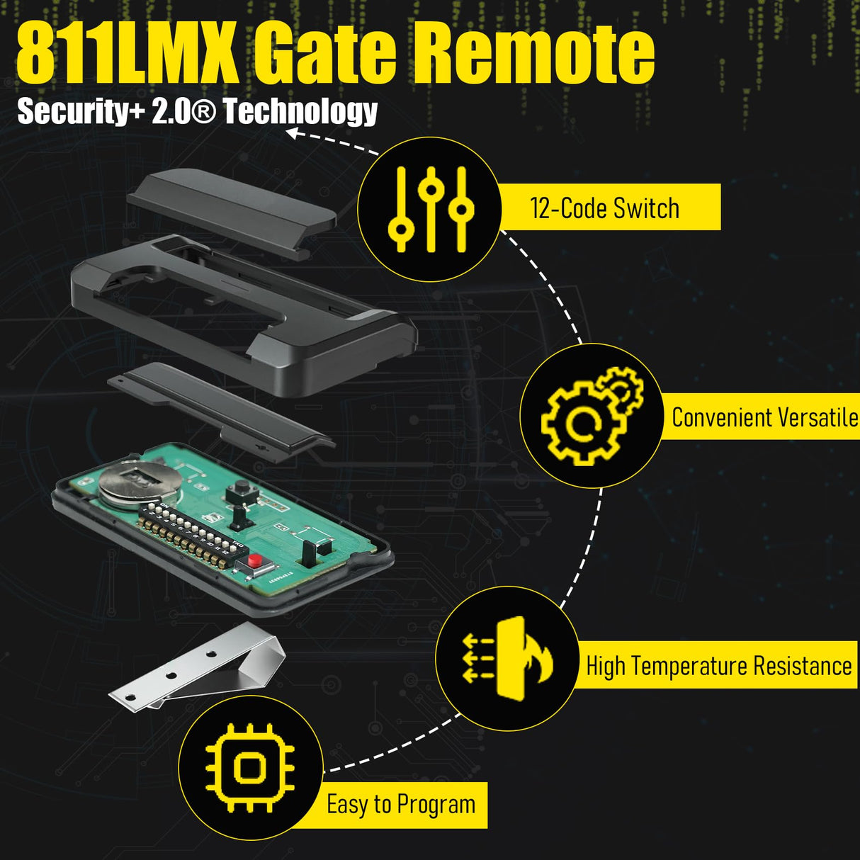811LMX Gate Remote for liftmaster, 12-Code Switch Replaces 811LM, 811LMX Gate Opener Remote Compatible with 850LM/ 860LM Receivers, Using Security+ 2.0 Technology, 390 MHz and 315 MHz, 2pack