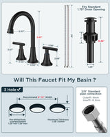 FORIOUS Black Bathroom Faucet 3 Hole Vanity, 2 Handle 360° Swivel Matte Black 8 Inch Widespread Bathroom Sink Faucet 3 Holes, with 360 Degree Rotating Spout, Pop-up Drain, Supply Lines