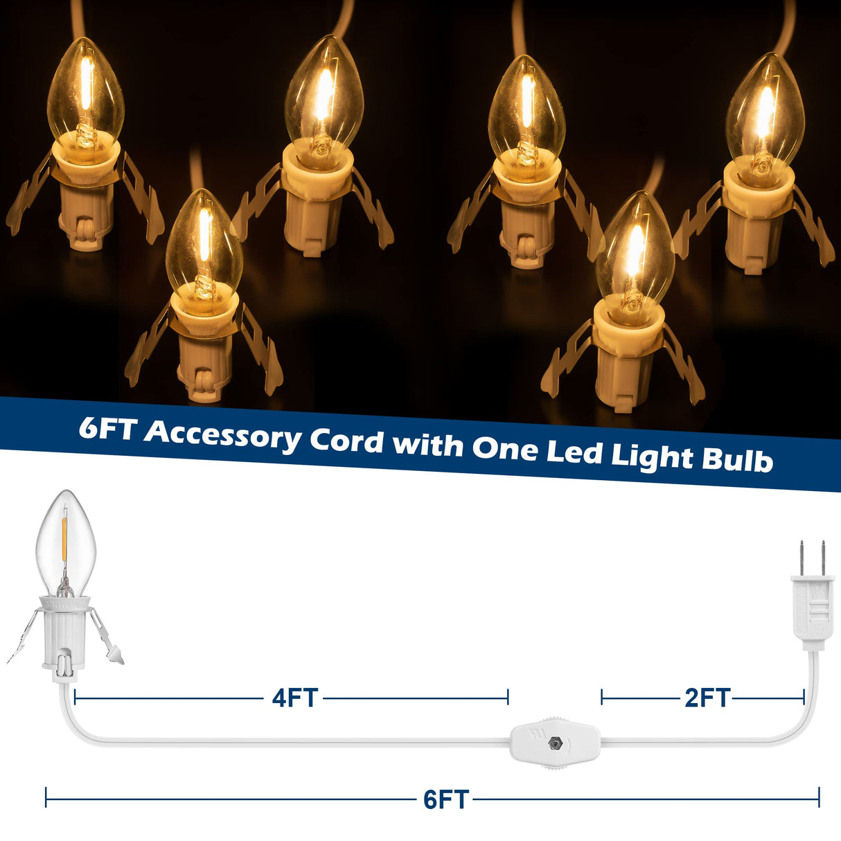 6 Packs 6ft Village Light Cord with 1W C7 LED Bulb, Salt Lamp Cord with ON/Off Switch and 2 Spare Fuses, Blow Mold Light Ideal for Christmas Village House Craft Decorations