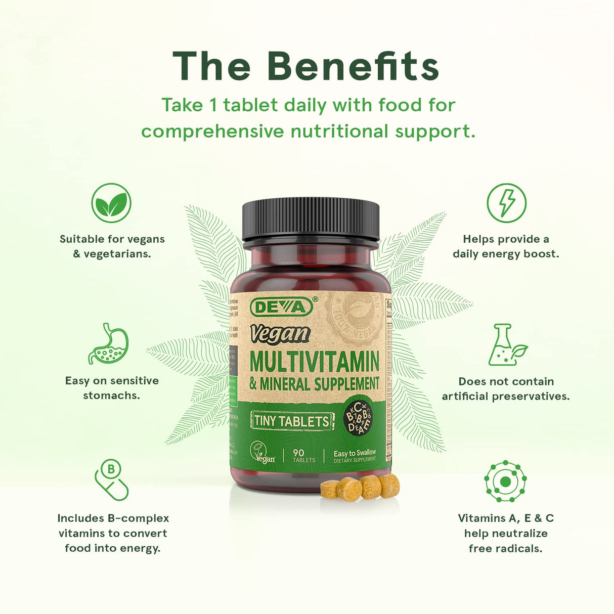 DEVA Tiny Tablets Vegan Multivitamin for Women & Men 2-Pack with Iron, Vitamin C, E, B Complex Vitamins, Zinc, 90 Tablets Each