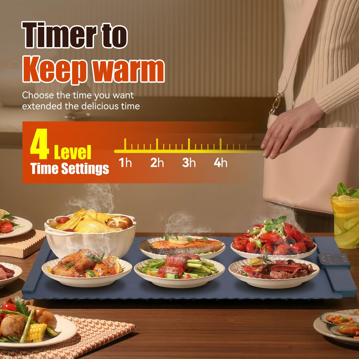 Warming Mat for Food 5 Temperature Settings Silicone Food Warming Mat Roll up Food Warmer with Full Surface Heating Warming Pad Electric Warming Tray for Buffets Party Home (Blue)