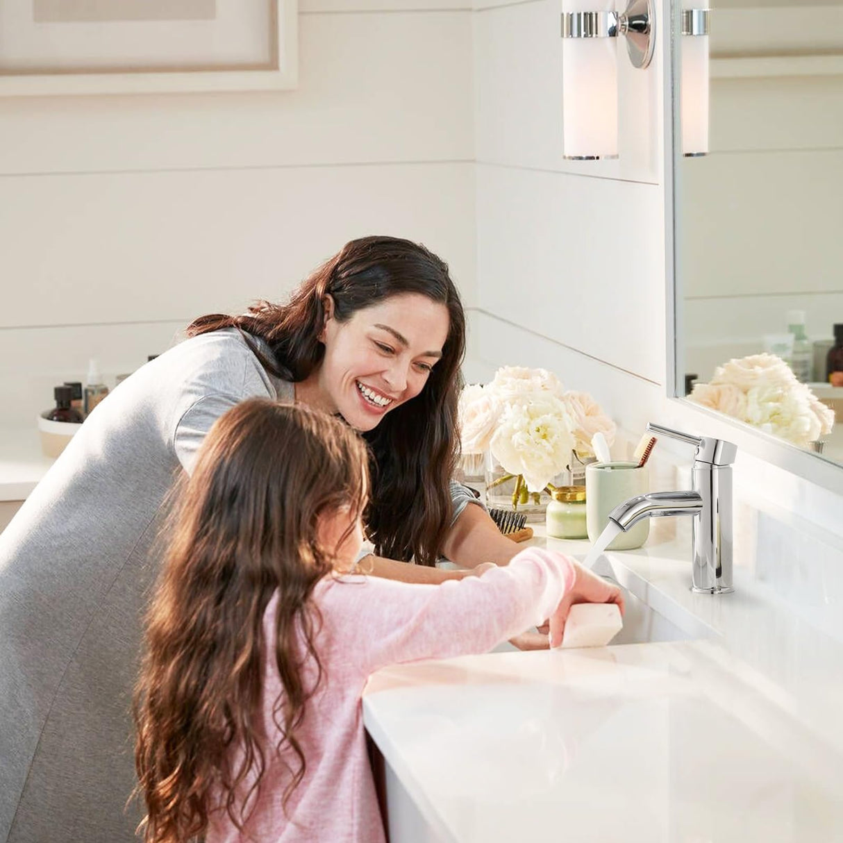 VOTON Modern Bathroom Faucet Chrome Single Handle One Hole Sink Faucet Commercial Lavatory Vanity Sink Faucet with 3/8" Hoses and Deck Plate