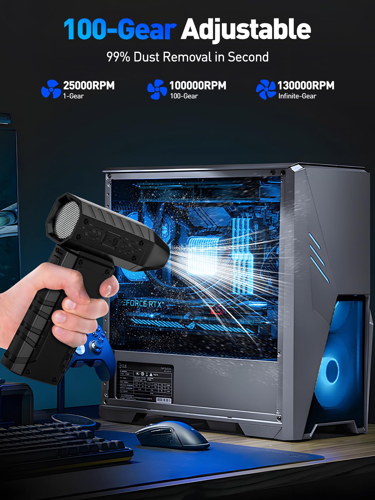 Compressed Air Duster 130000RPM Electric Duster with LED Light, 100 Gear Adjustable Rechargeable Cordless Air Blower Cleaning Tool for Keyboard,Electronic Devices,Car, Christmas Gifts for Men,Black